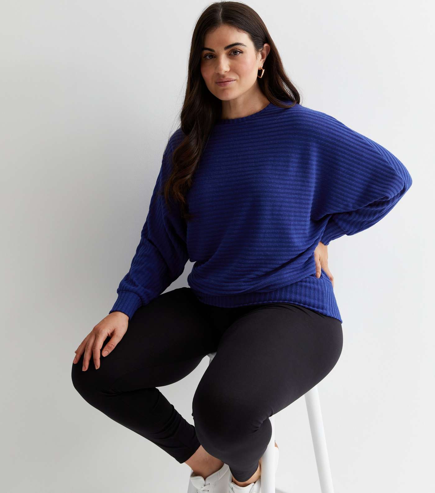 Curves Bright Blue Ribbed Knit Batwing Top Image 2
