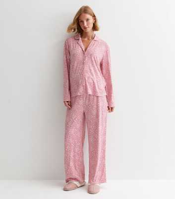 Maternity Pink Revere Trouser Pyjama Set with Heart Print