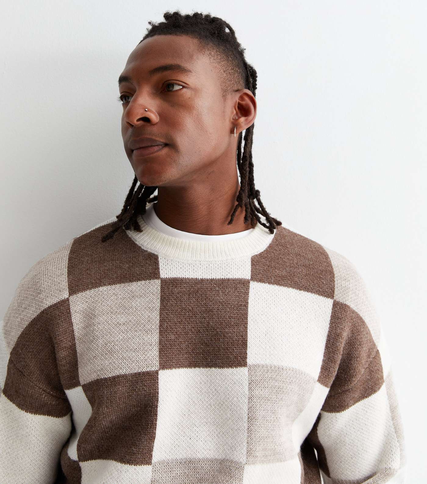 Brown Check Knit Crew Neck Oversized Jumper Image 2