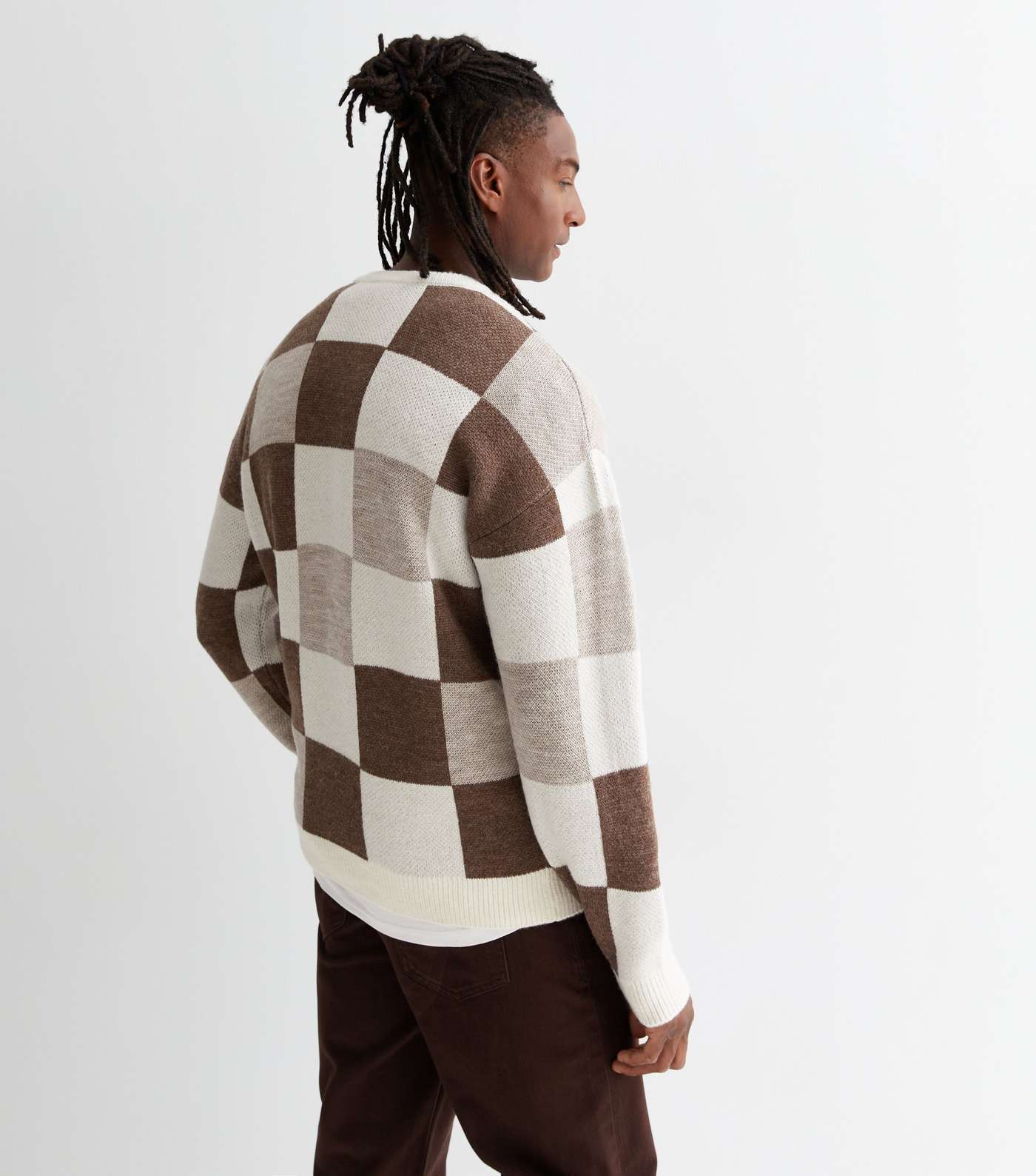 Brown Check Knit Crew Neck Oversized Jumper Image 4