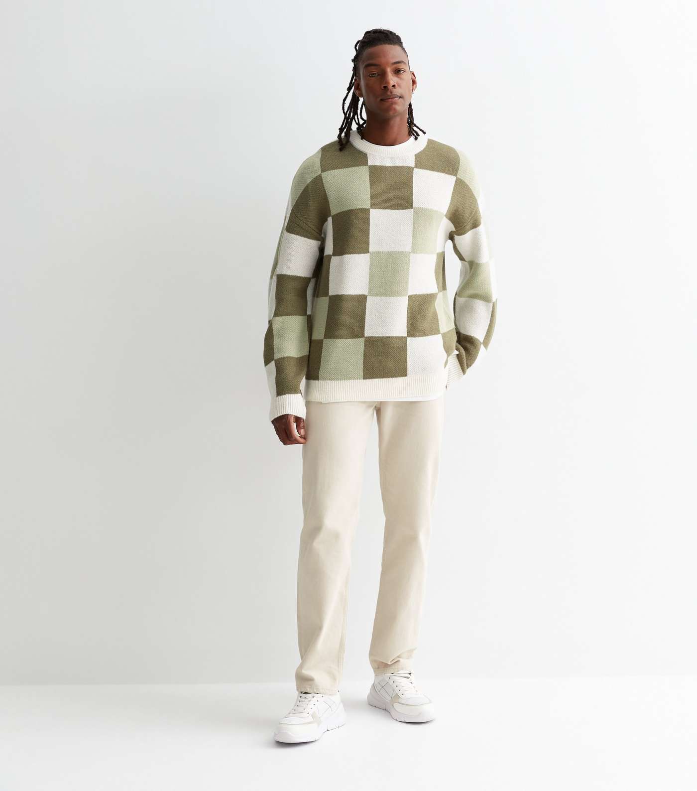 Green Check Knit Crew Neck Oversized Jumper Image 3