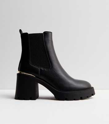 Black Leather-Look Chunky Block Heel Chelsea Boots