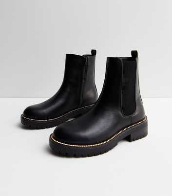 Black Leather-Look Gold Trim Chelsea Boots