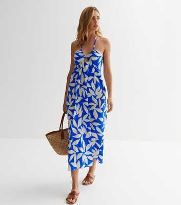 Blue Abstract Cotton Ruched Strappy Midaxi Dress