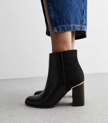 Black Leather-Look Gold Trim Block Heel Ankle Boots