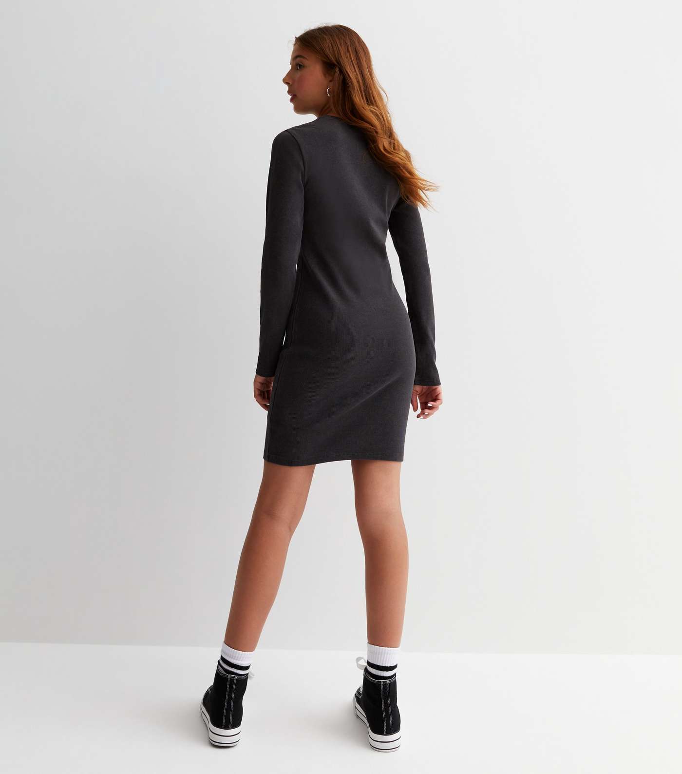 Girls Dark Grey Ribbed Long Sleeve Mini Dress Image 4
