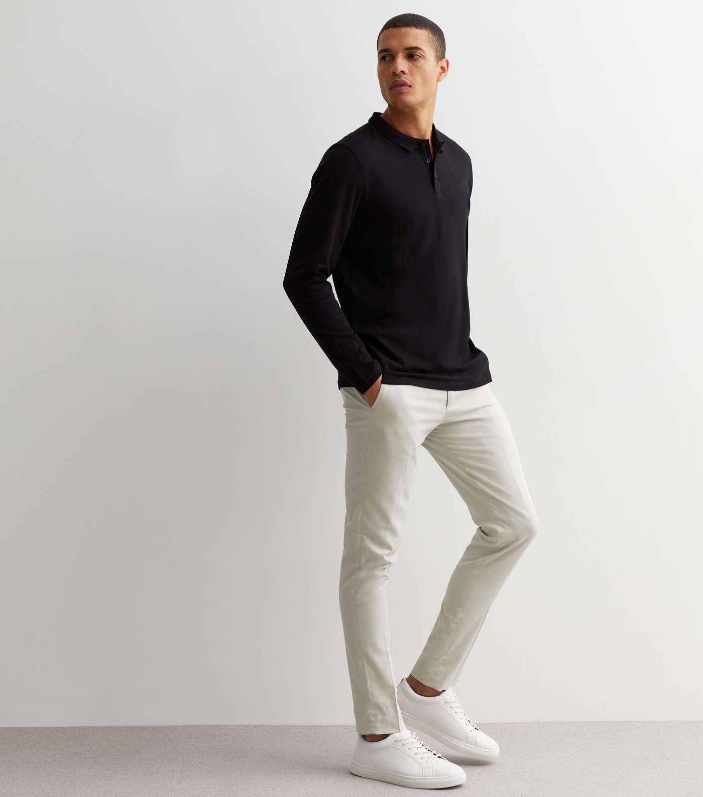 Black Cotton Long Sleeve Polo Shirt Image 3