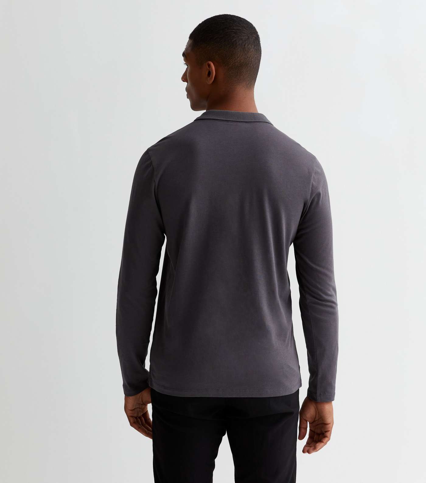 Dark Grey Cotton Long Sleeve Polo Shirt Image 4