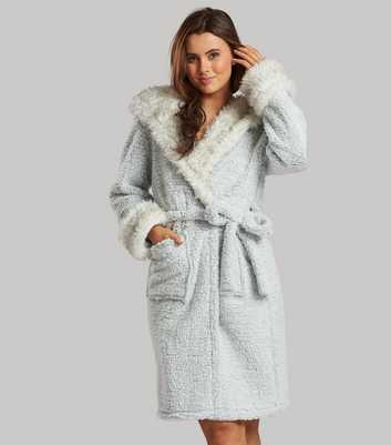 Loungeable Pale Grey Fleece Faux Fur Trim Dressing Gown