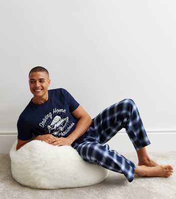 Navy Cotton Trouser Pyjama Set with Driving Home For Christmas Logo