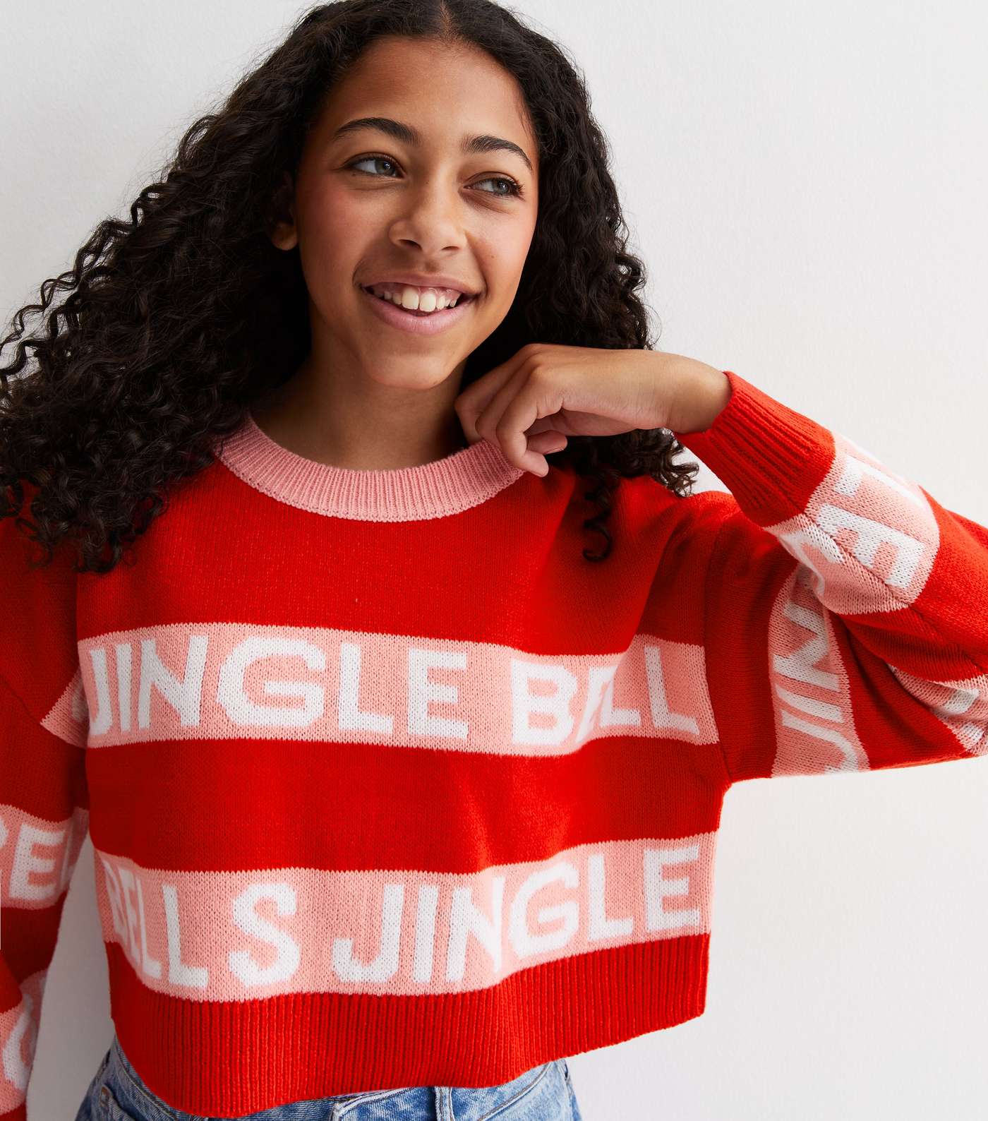 Girls Red Stripe  Jingle Bell Logo Jumper Image 2