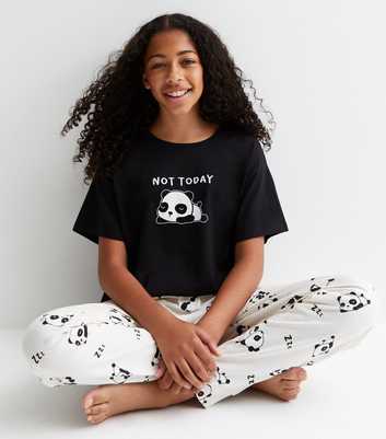 Girls Black Cotton Logo Jogger Set with Panda Print