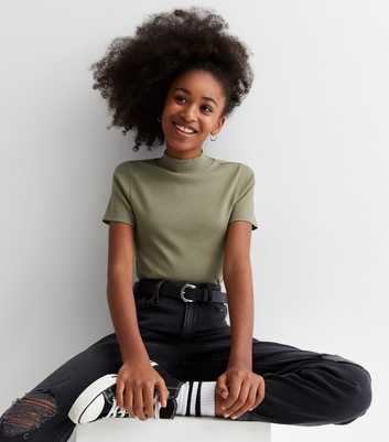 Girls Olive Ribbed High Neck Top