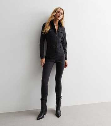 Black Long Sleeve Slim Fit Collared Jumpsuit