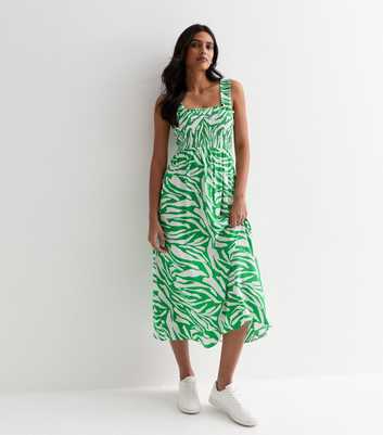 Green Animal Print Shirred Midi Dress