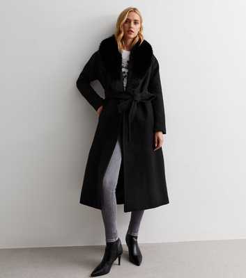 Black Faux Fur Collared Long Coat
