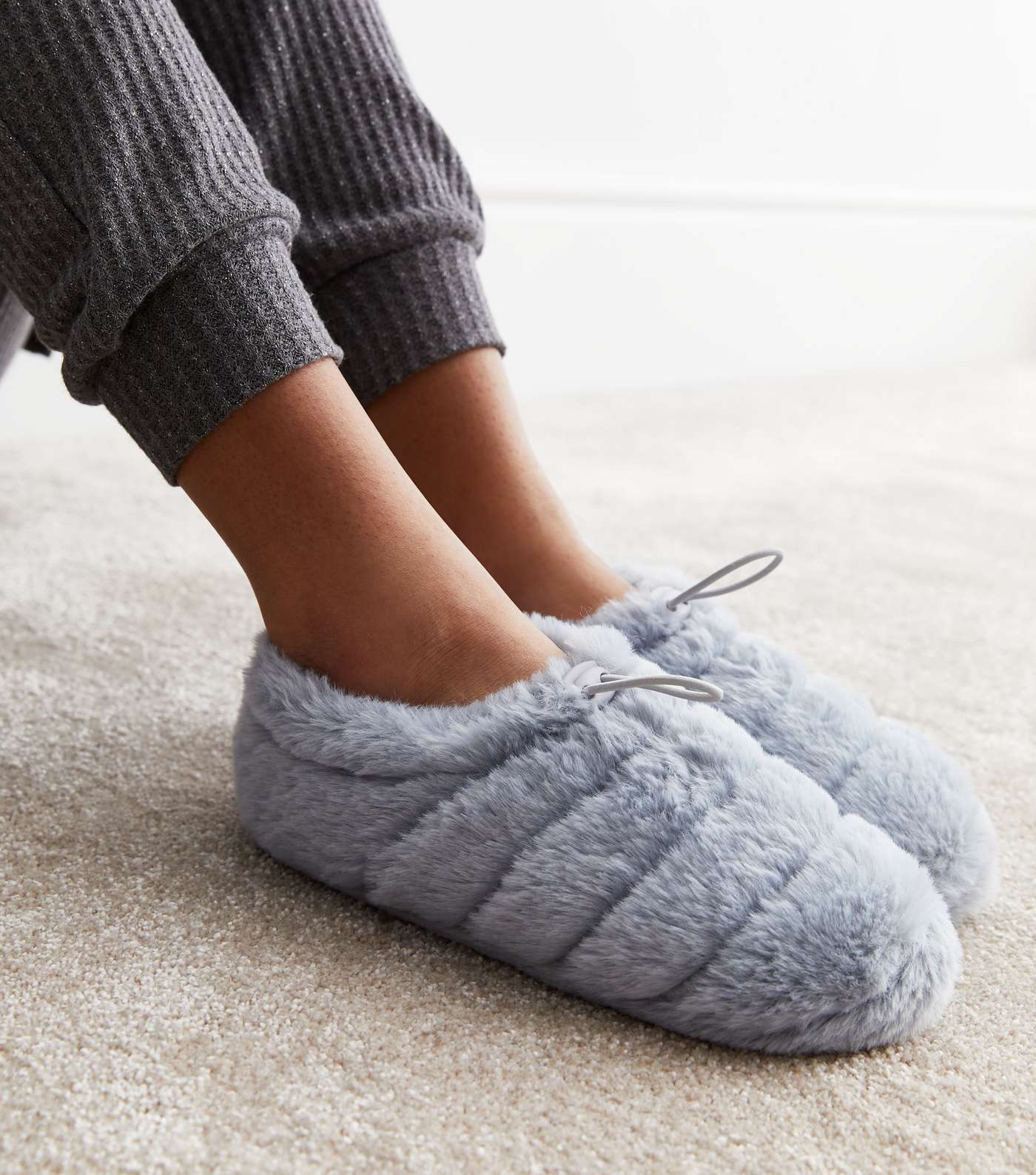Grey Faux Fur Fluffy Slippers Image 2