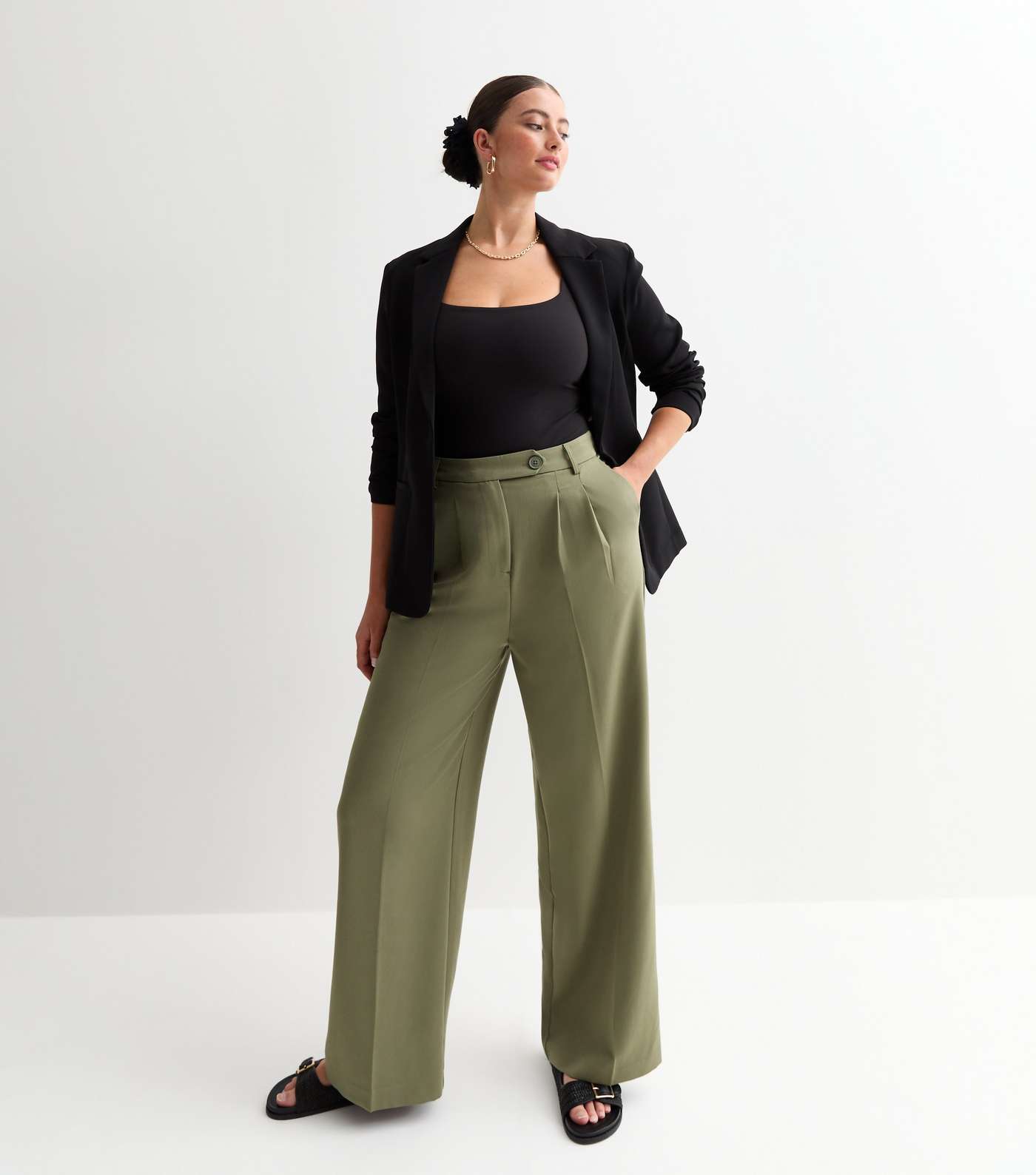 Olive Wide Leg Tailored Trousers Image 2