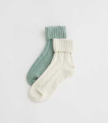 2 Pack Green and Cream Cable Crop Lounge Socks