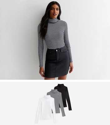 3 Pack Black White and Stripe Ribbed Roll Neck Tops