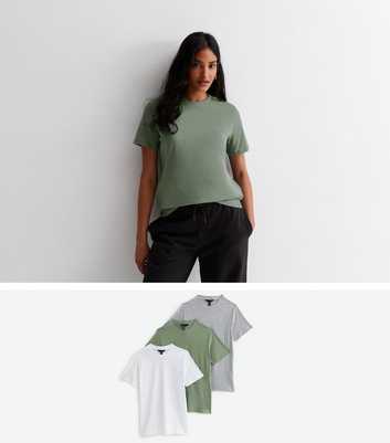 3 Pack White Green and Grey Cotton T-Shirts