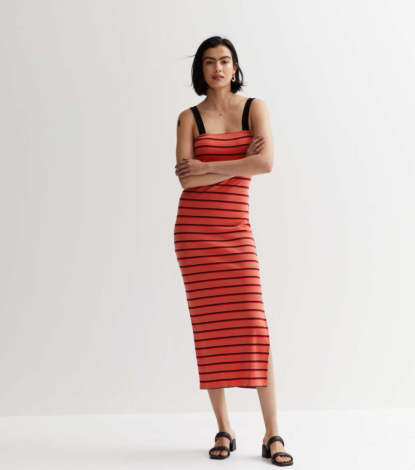 Red Stripe Ribbed Strappy Midi Dress Image 3
