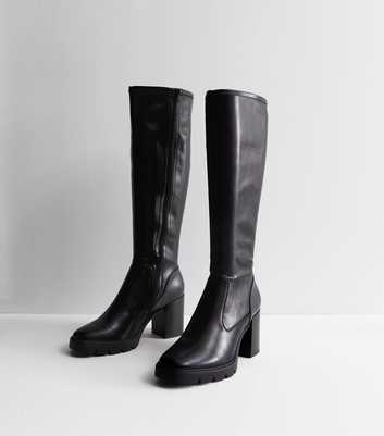 Wide Fit Black Leather-Look Heeled Knee High Boots