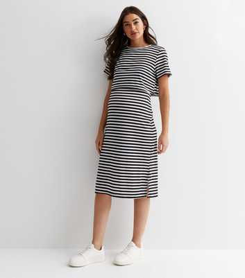 Maternity Black Stripe Jersey Short Sleeve Nursing Midi Dress