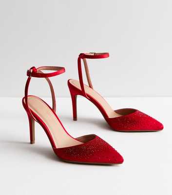 Red Satin Embellished Stiletto Heel Court Shoes
