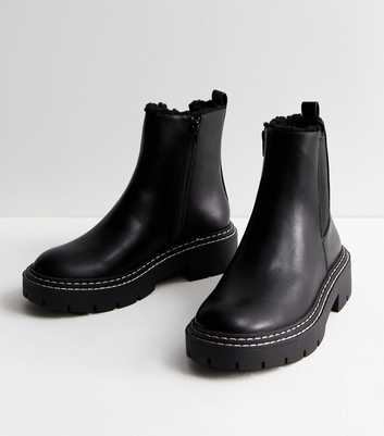 Black Leather-Look Faux Fur Lined Chunky Chelsea Boots