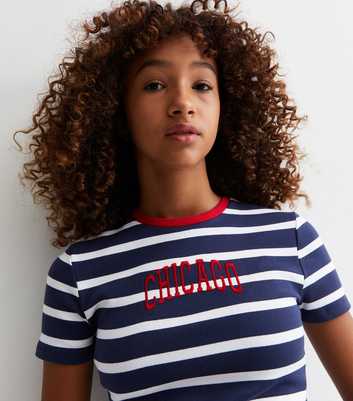 Girls Blue Stripe Chicago Logo Ringer T-Shirt