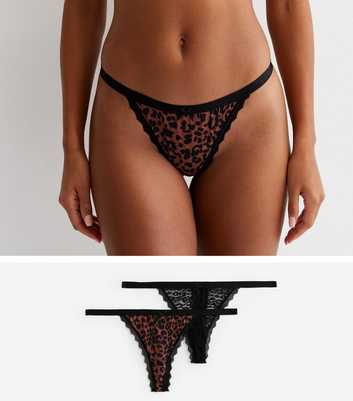 2 Pack Black and Brown Animal Print Lace Thongs