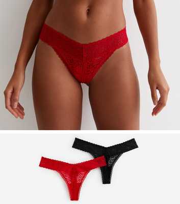 2 Pack Black and Red Animal Print Lace Thongs