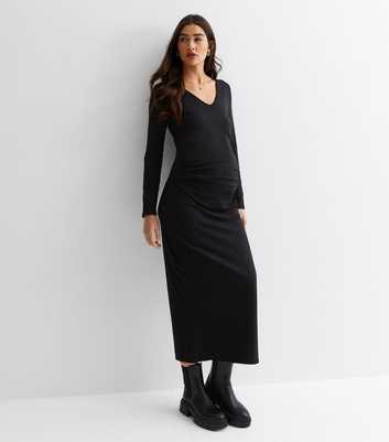 Maternity Black Jersey V Neck Midi Dress