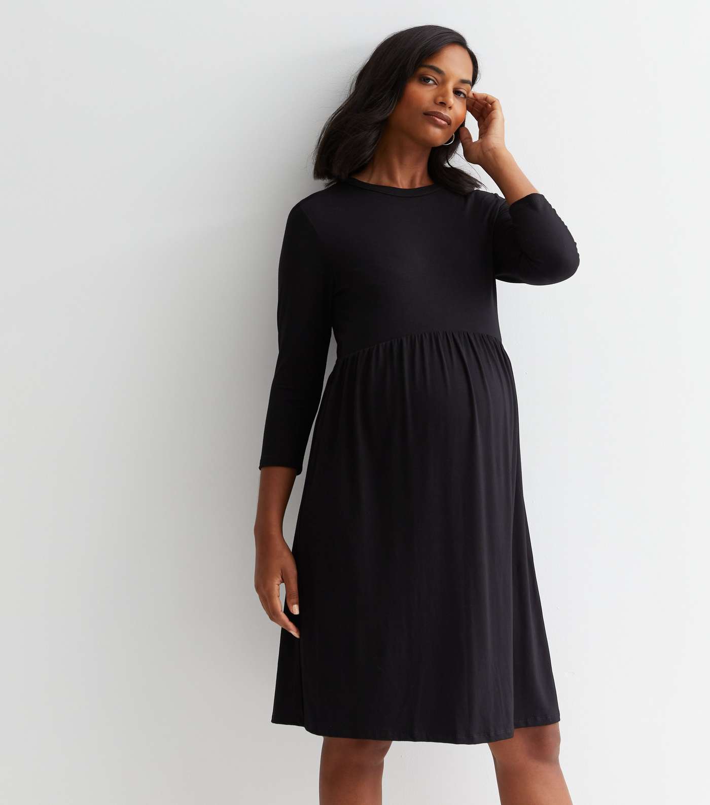 Maternity Black 3/4 Sleeve Smock Mini Dress