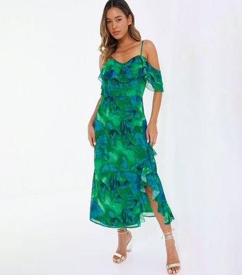 Quiz Green Tropical Print Cold Shoulder Midaxi Dress New Look