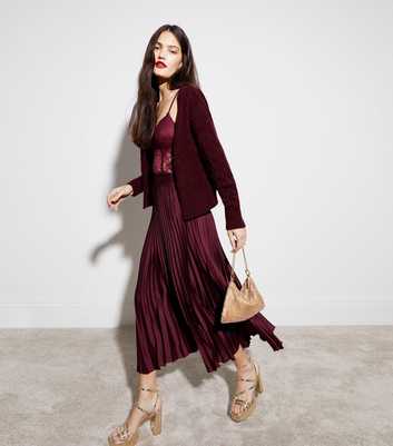 Burgundy Satin Pleated Midi Skirt