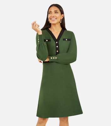 Yumi Green Knit V Neck Button Cuff Mini Dress