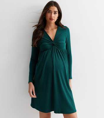Maternity Dark Green Ribbed Twist Front Mini Dress