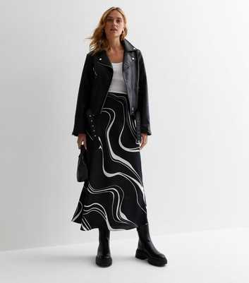 Black Wave Print Satin Bias Cut Midi Skirt