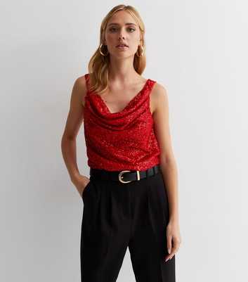 Gini London Red Sequin Cowl Neck Top