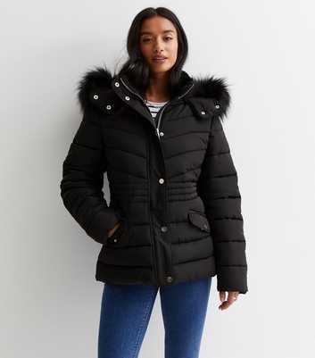 Petite Black Faux Fur Hood Puffer Jacket