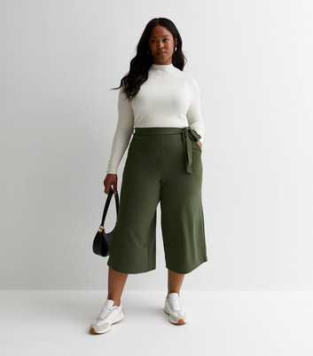 Curves Khaki Belted Crop Wide Leg Trousers