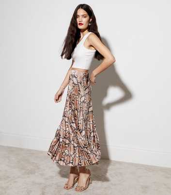 Brown Snake Print Satin Pleated Midaxi Skirt