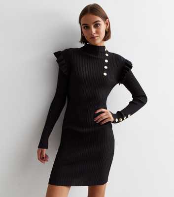 Cameo Rose Black Button Frill Sleeve Mini Dress
