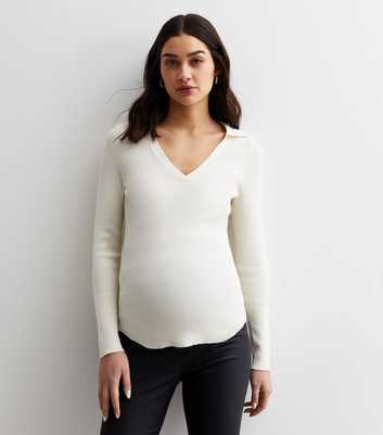 Maternity White Ribbed Long Sleeve Polo Top