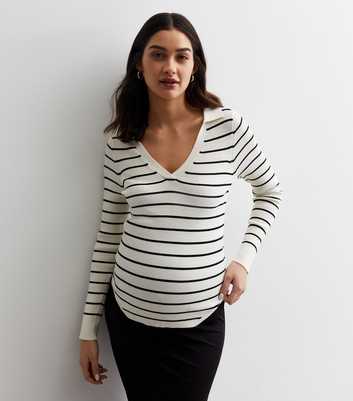 Maternity White Stripe Ribbed Long Sleeve Top