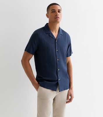 Navy Linen Blend Short Sleeve Shirt