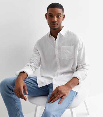 White Linen Blend Long Sleeve Oversized Shirt