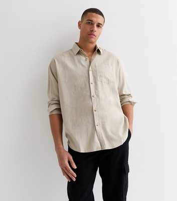 Stone Linen Blend Long Sleeve Oversized Shirt